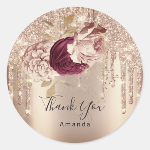 Thank You Name 16th Bridal Roses Drips Flowers Classic Round Sticker