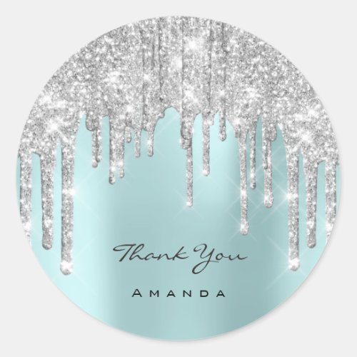 Thank You Name 16th Bridal Silver Glitter Aqua Classic Round Sticker