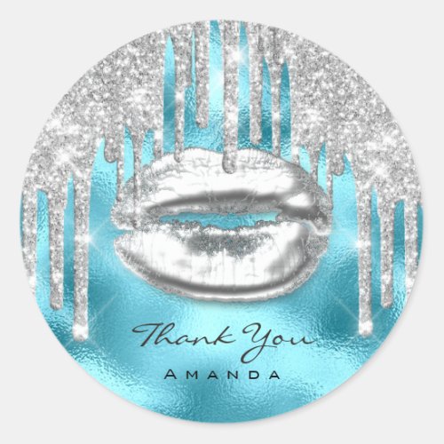 Thank You Name 16th BridalBlue Glitter Kiss Silver Classic Round Sticker