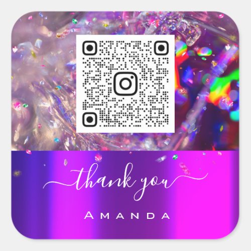 Thank You Name 16th Holograph Purple Rainbow QR  Square Sticker