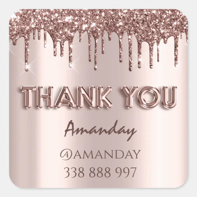 thank you Name adresss Glitter Drips Rose Square Sticker | Zazzle