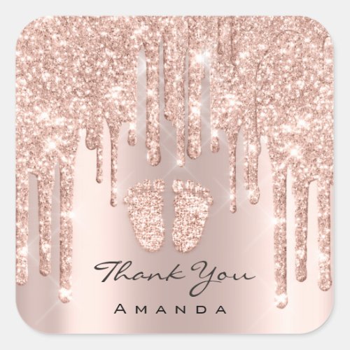 Thank You Name Baby Shower Rose Gold Spark Glam Square Sticker