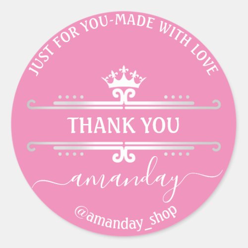 Thank You Name  Boutique Shop Royal Crown Pink Classic Round Sticker