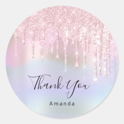 Thank You Name Bridal Pink Glitter Holograph Classic Round Sticker