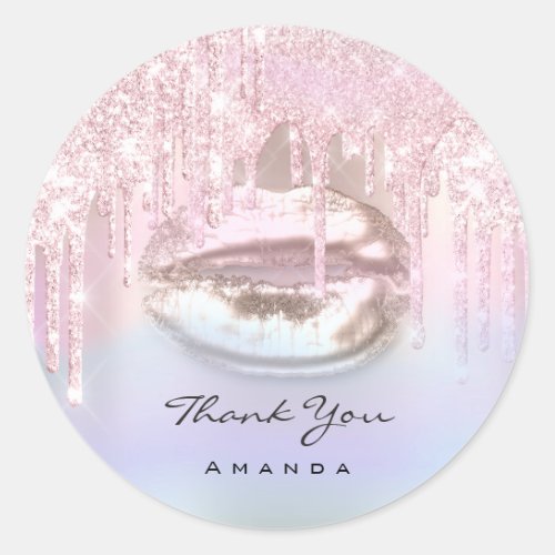 Thank You Name Bridal Pink Rose Holograph Kiss Lip Classic Round Sticker