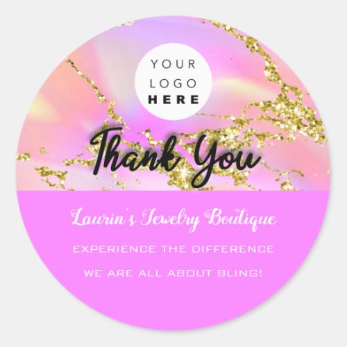 Thank You Name Custom Logo Pink Holograph  Classic Round Sticker