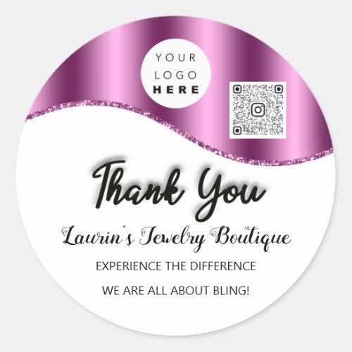 Thank You Name Custom Logo Qr Code Pink Classic Round Sticker