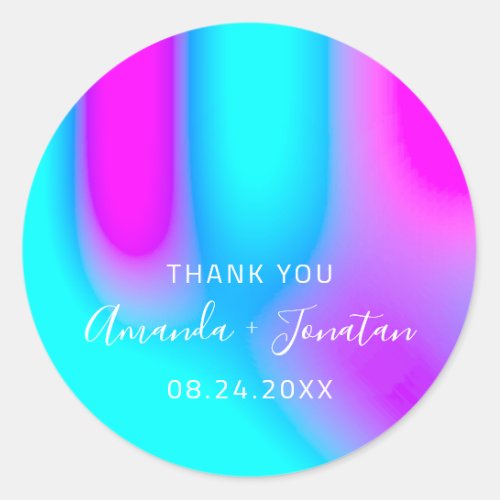 Thank You Name Date Blue Aqua Pink Abstract Classic Round Sticker
