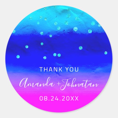 Thank You Name Date Blue Aqua Pink Confetti  Classic Round Sticker