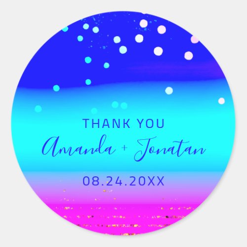Thank You Name Date Blue Aqua Pink Confetti Modern Classic Round Sticker