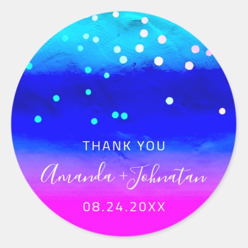 Thank You Name Date Blue Aqua Pink Confetti Modern Classic Round Sticker
