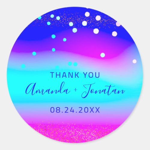 Thank You Name Date Blue Aqua Pink Confetti Ocean Classic Round Sticker