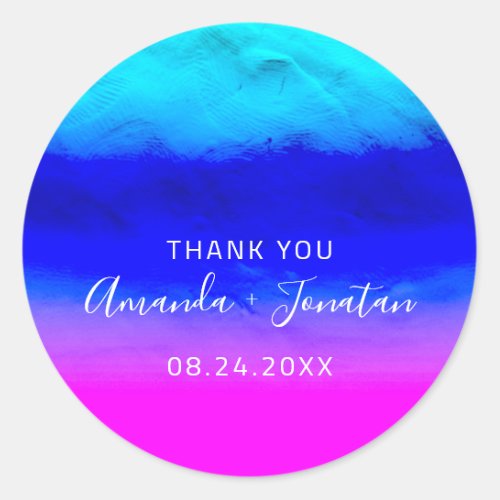 Thank You Name Date Blue Aqua Pink Confetti Ombre Classic Round Sticker