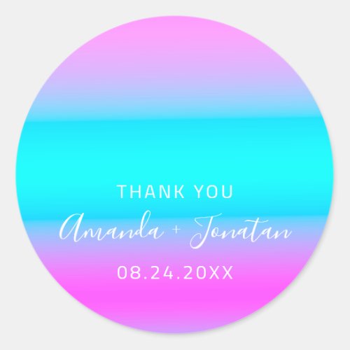 Thank You Name Date Blue Aqua Pink Ombre Classic Round Sticker