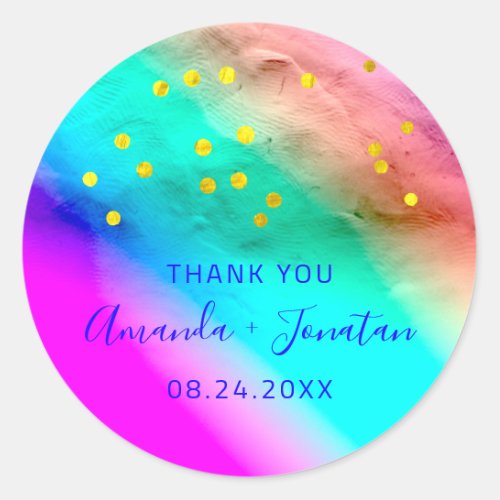 Thank You Name Date Blue  Gold Confetti Rainbow Classic Round Sticker
