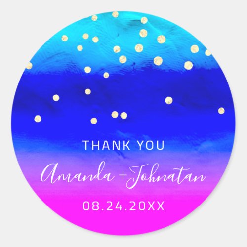 Thank You Name Date Blue Oceanic Pink Confetti Classic Round Sticker
