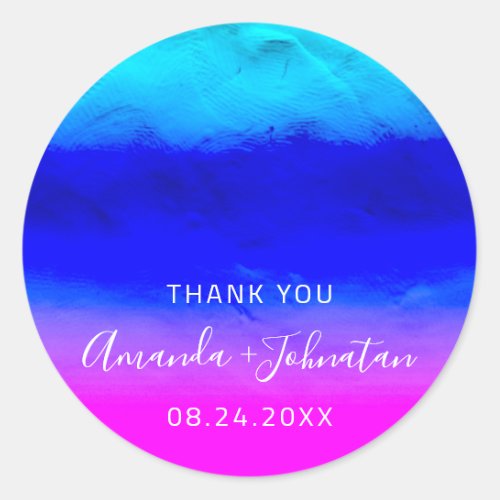 Thank You Name Date Blue Oceanic Pink Ombre Modern Classic Round Sticker