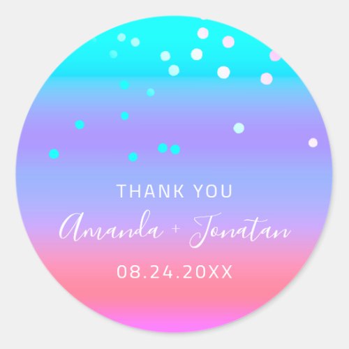 Thank You Name Date Blue Pink Aqua Pink Confetti Classic Round Sticker