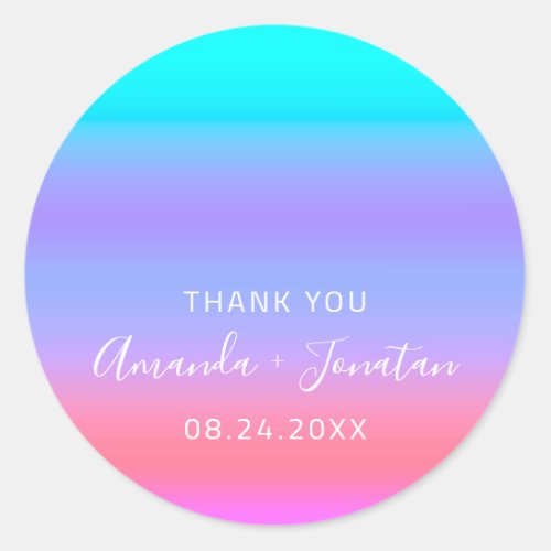 Thank You Name Date Blue Pink Aqua Pink Ombre  Classic Round Sticker