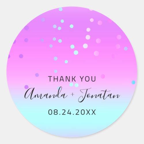 Thank You Name Date Blue  PInk Confetti Ombre  Classic Round Sticker
