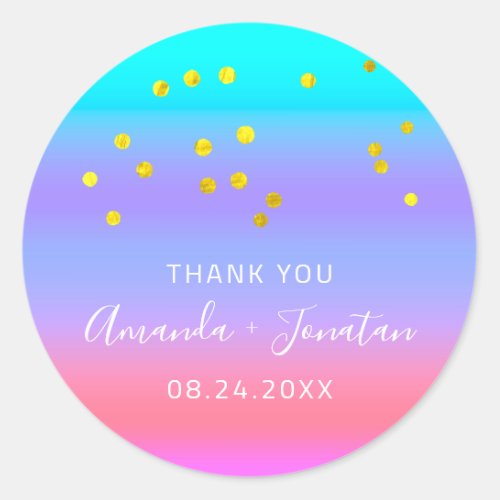 Thank You Name Date Blue Pink Gold Confetti  Classic Round Sticker