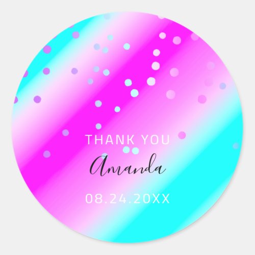 Thank You Name Date Blue Pink Oceanic Confetti  Classic Round Sticker