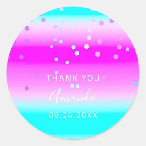 Thank You Name Date Blue Pink Oceanic Ombre Classic Round Sticker