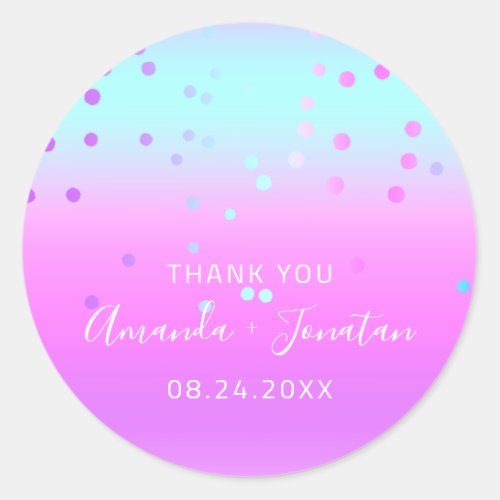 Thank You Name Date Blue Pink Pastel Confetti  Classic Round Sticker