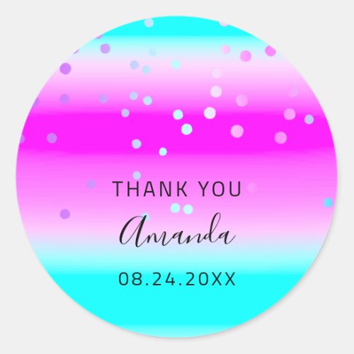 Thank You Name Date Pink Ocean Ombre Confetti Classic Round Sticker