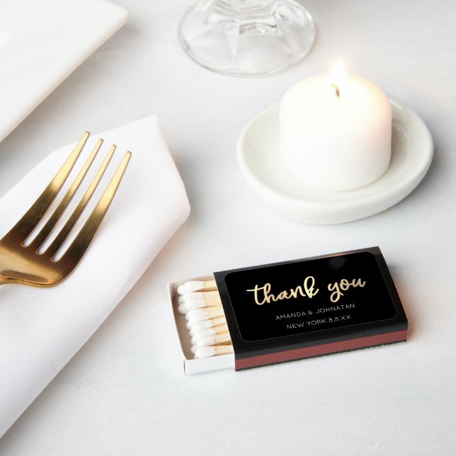 Thank You Name Date Place Black Gold VIP Matchboxes (Insitu)