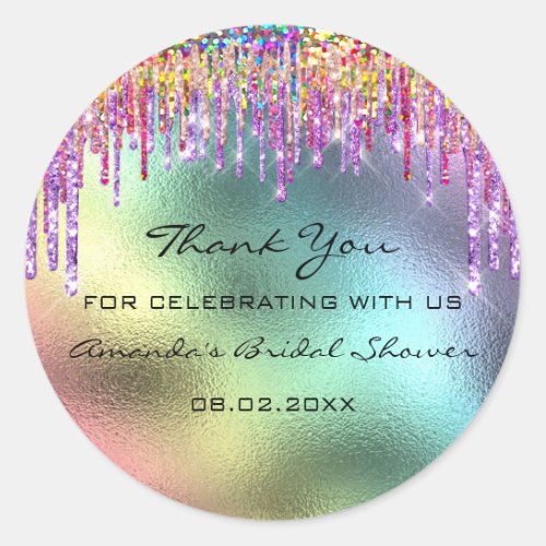 Thank You Name Date Rainbow Drips Holographic Classic Round Sticker
