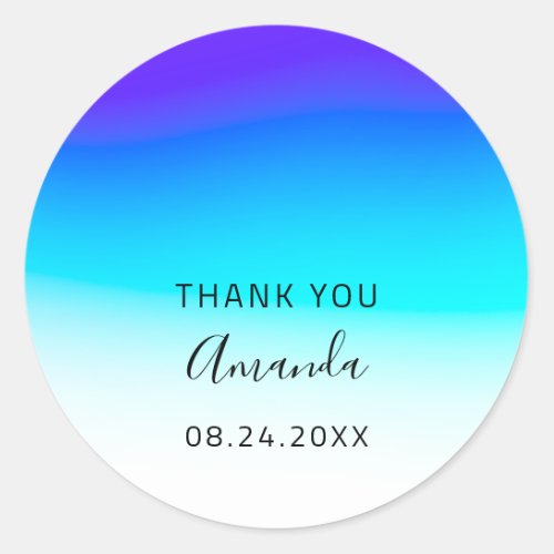 Thank You Name Date Sweet 16th Wedding Ombre Blue Classic Round Sticker