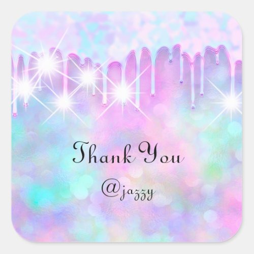 Thank You Name Drip Favor Holograph Pink Blue Square Sticker