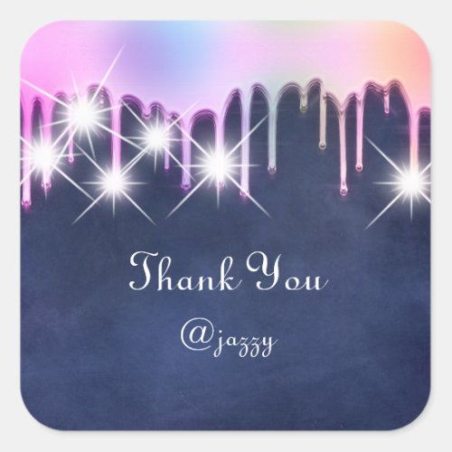 Thank You Name Drip Favor Holograph Pink Navy Square Sticker