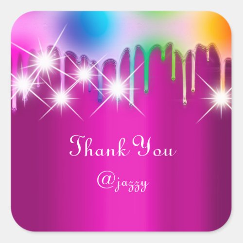 Thank You Name Drip Favor Holograph Pink Rainbow Square Sticker