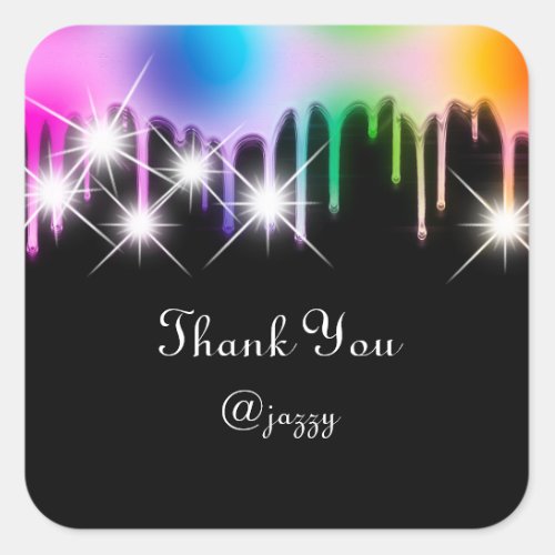 Thank You Name Drip Favor Holograph Rainbow Black Square Sticker