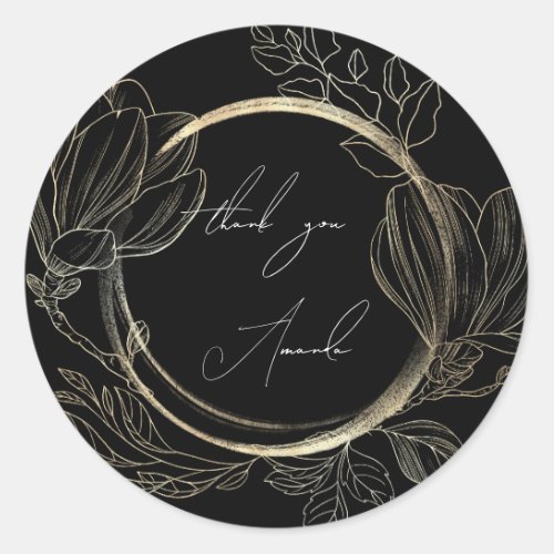 Thank You Name Floral Black Gold Wedding Bridal   Classic Round Sticker