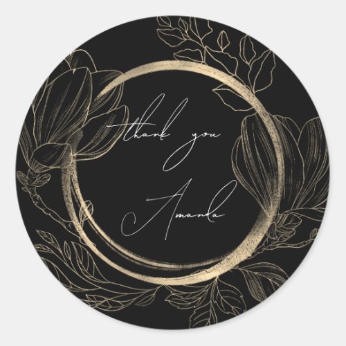 Thank You Name Floral Black White Gold  Classic Round Sticker