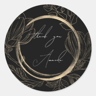 Thank You Name Floral Black White Gold Classic Round Sticker