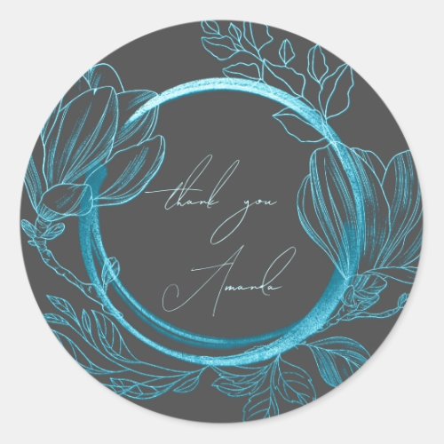 Thank You Name Floral Gray Blue Wedding Bridal   Classic Round Sticker