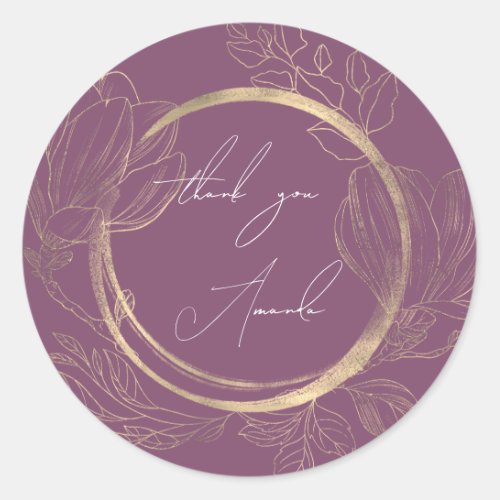 Thank You Name Floral PurpleGold Wedding Bridal    Classic Round Sticker