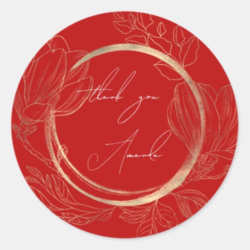 Thank You Name Floral Red Gold Wedding Bridal   Classic Round Sticker