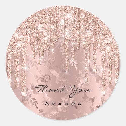 Thank You Name Floral Rose Glitter  Round Sticker