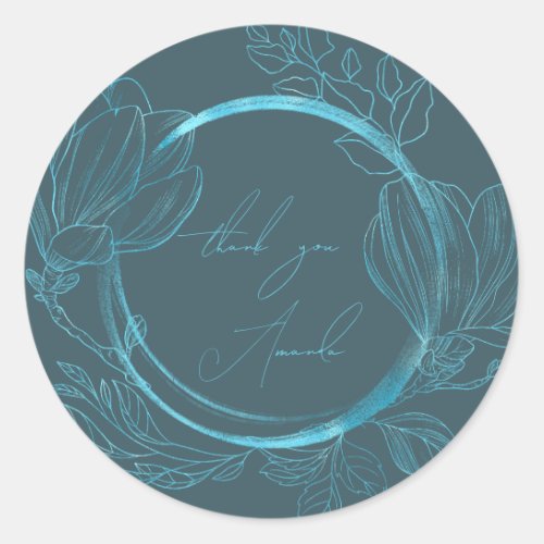 Thank You Name Floral Teal Blue Wedding Bridal Classic Round Sticker