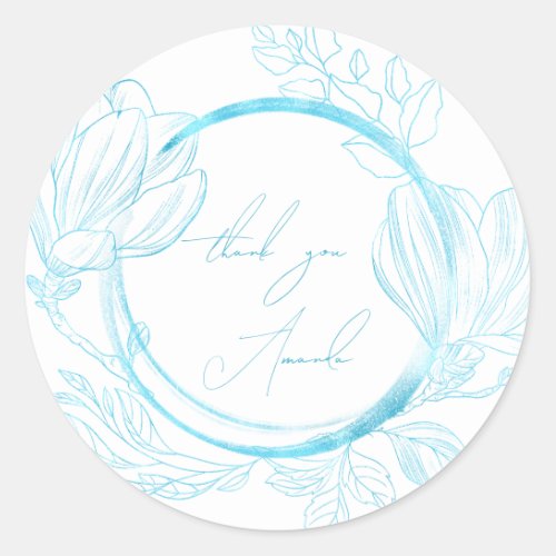 Thank You Name Floral White Blue Wedding Bridal  Classic Round Sticker