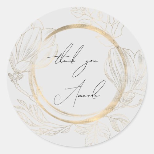 Thank You Name Gray Floral Frame Circle Pastel Classic Round Sticker