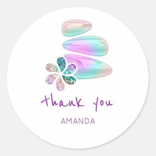 Thank You Name Holograph Flower SPA Stones Classic Round Sticker