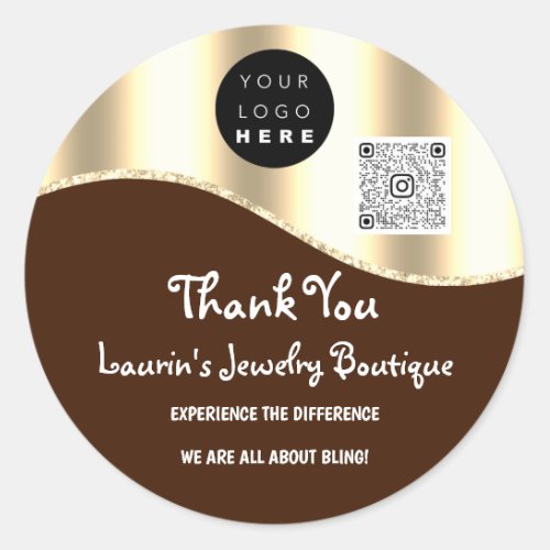 Thank You Name Logo Qr Code Brown Gold Glitter   Classic Round Sticker