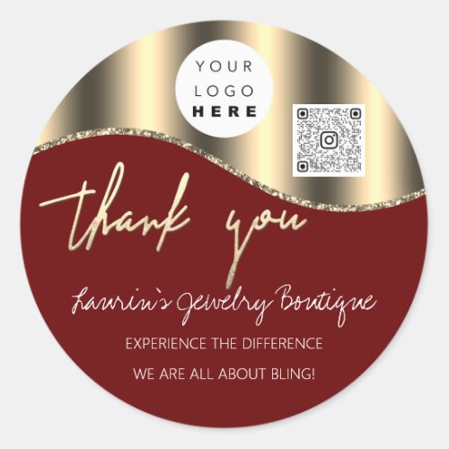 Thank You Name Logo Qr Code Burgundy Gold Classic Round Sticker