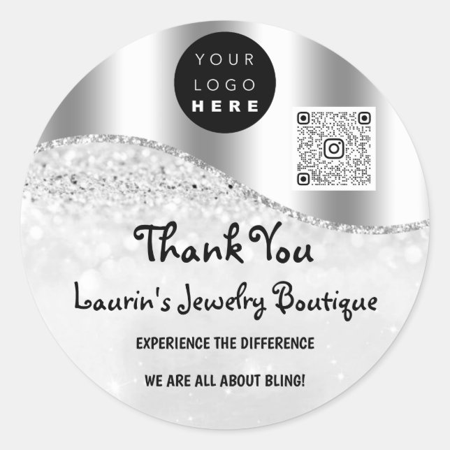 Thank You Name Logo Qr Code Gray Silver Glitter Classic Round Sticker (Front)